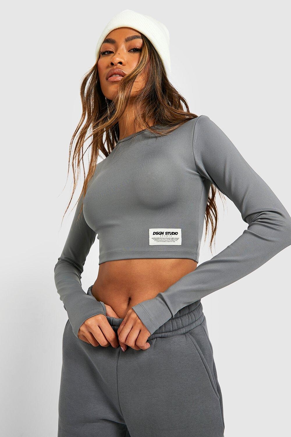 

Укороченный топ active gym с длинными рукавами тканой этикетки Boohoo, угольный