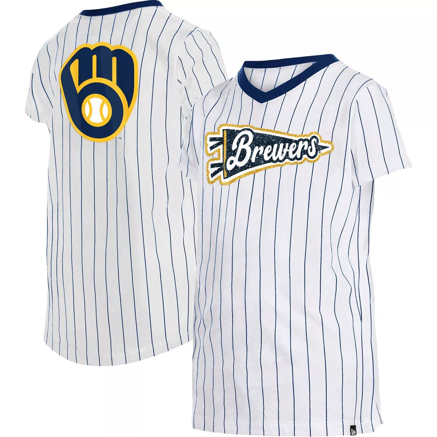 

Молодежная футболка New Era White Milwaukee Brewers в тонкую полоску с v-образным вырезом для девочек New Era