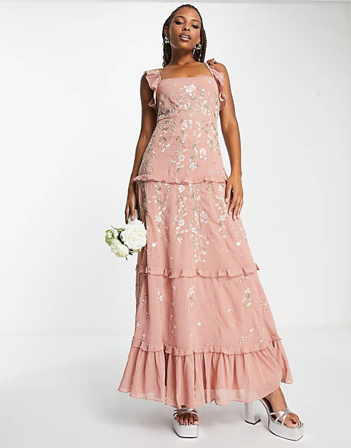 

Розовое платье макси на бретельках с вышивкой ASOS DESIGN Bridesmaid, Розовый