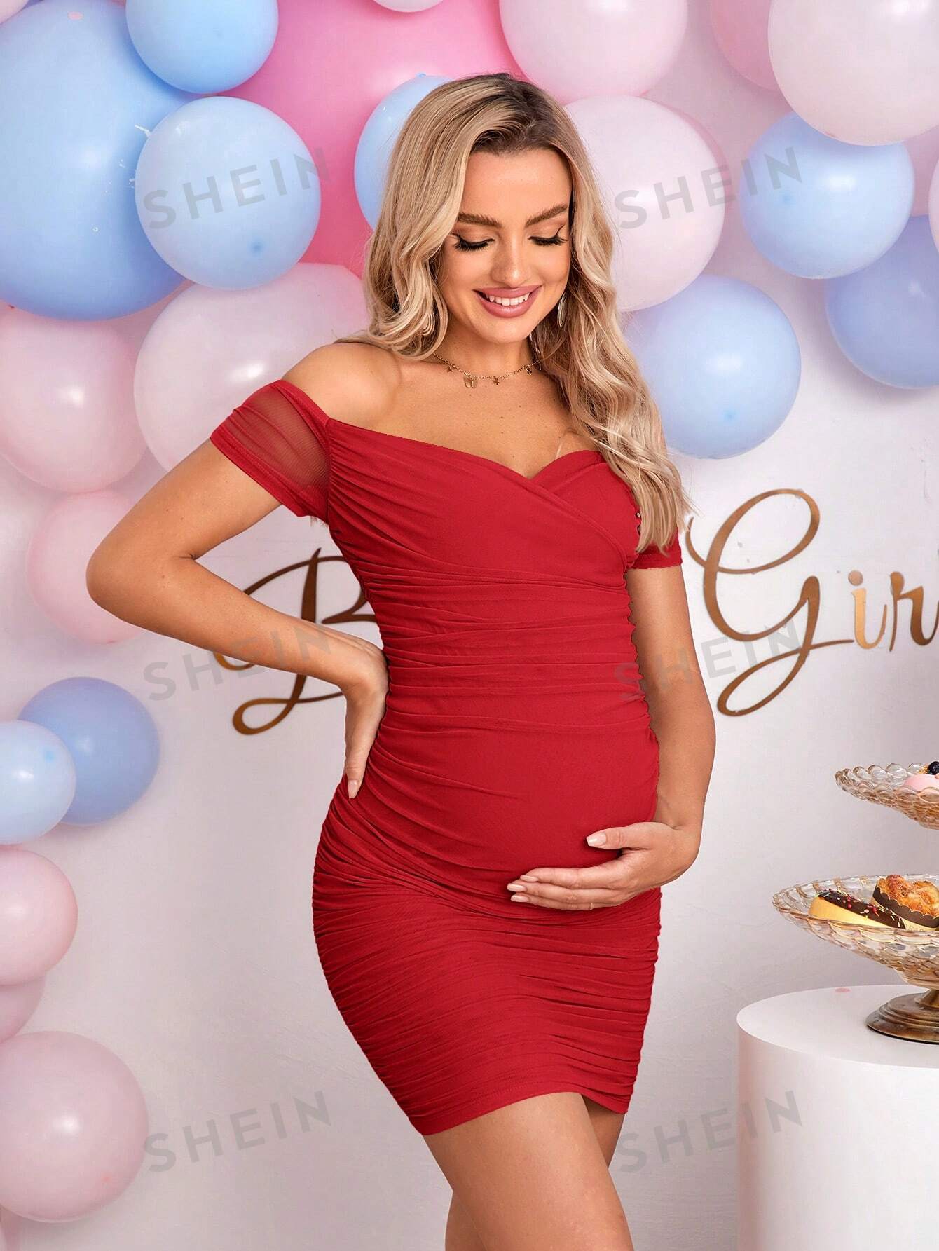 SHEIN Однотонное облегающее модное платье для беременных с открытыми плечами, красный