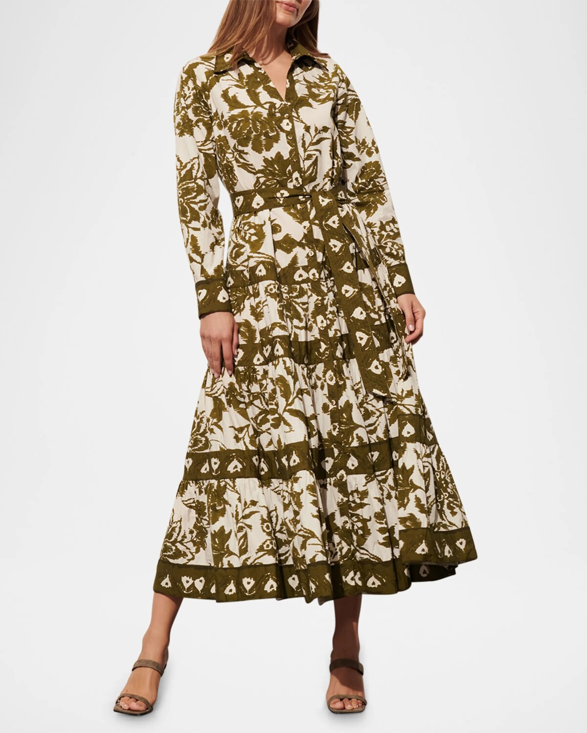 

Платье-рубашка макси с длинными рукавами и поясом Shelby Figue, цвет Ikat Floral Woodland