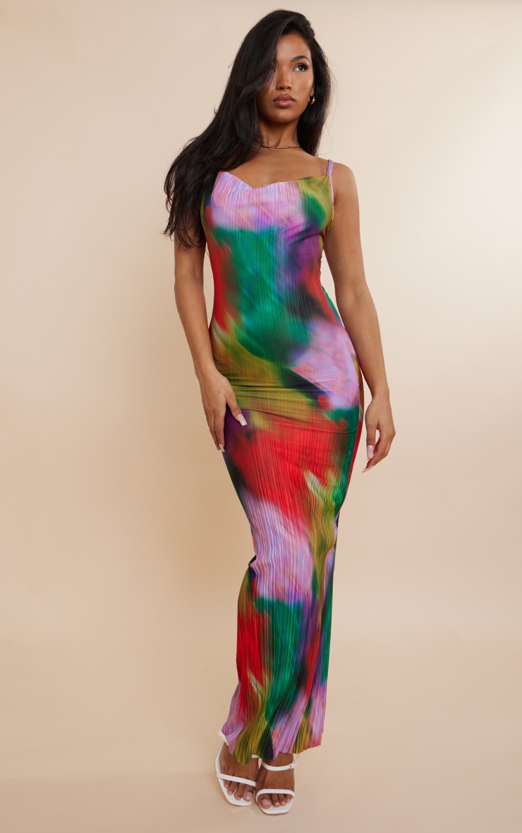 PrettyLittleThing Платье макси с плиссированными бретелями и разноцветным принтом