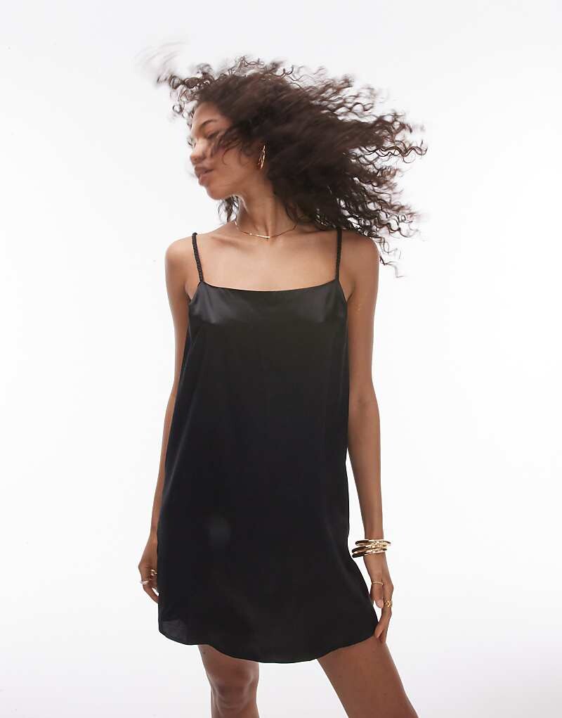 

Topshop – Короткое черное платье-комбинация с плетеными бретелями