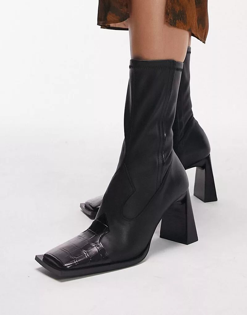 Черные кожаные ботинки в стиле вестерн на каблуке Topshop Hudson