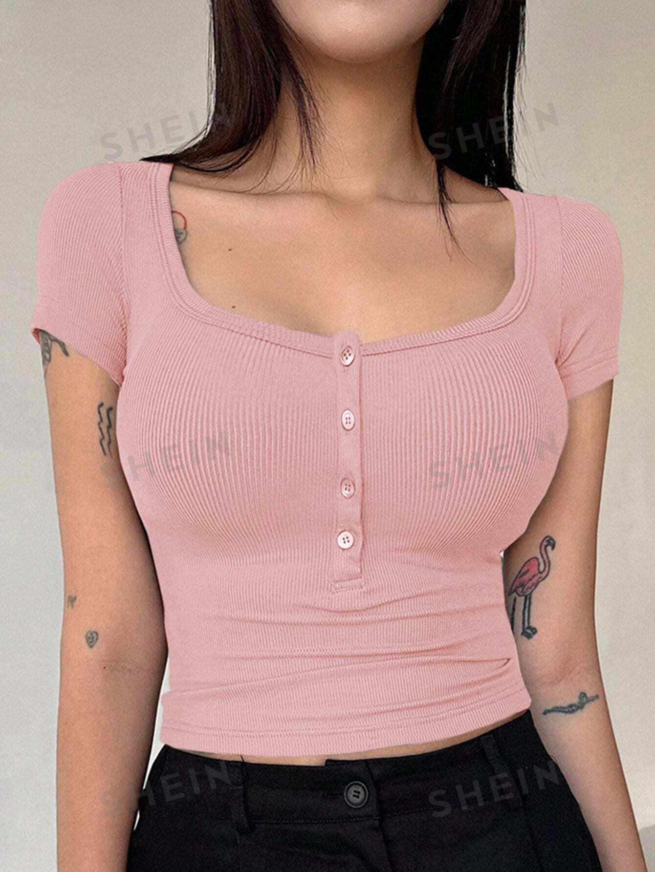 DAZY Женская однотонная футболка узкого кроя с полупланкой, детский розовый