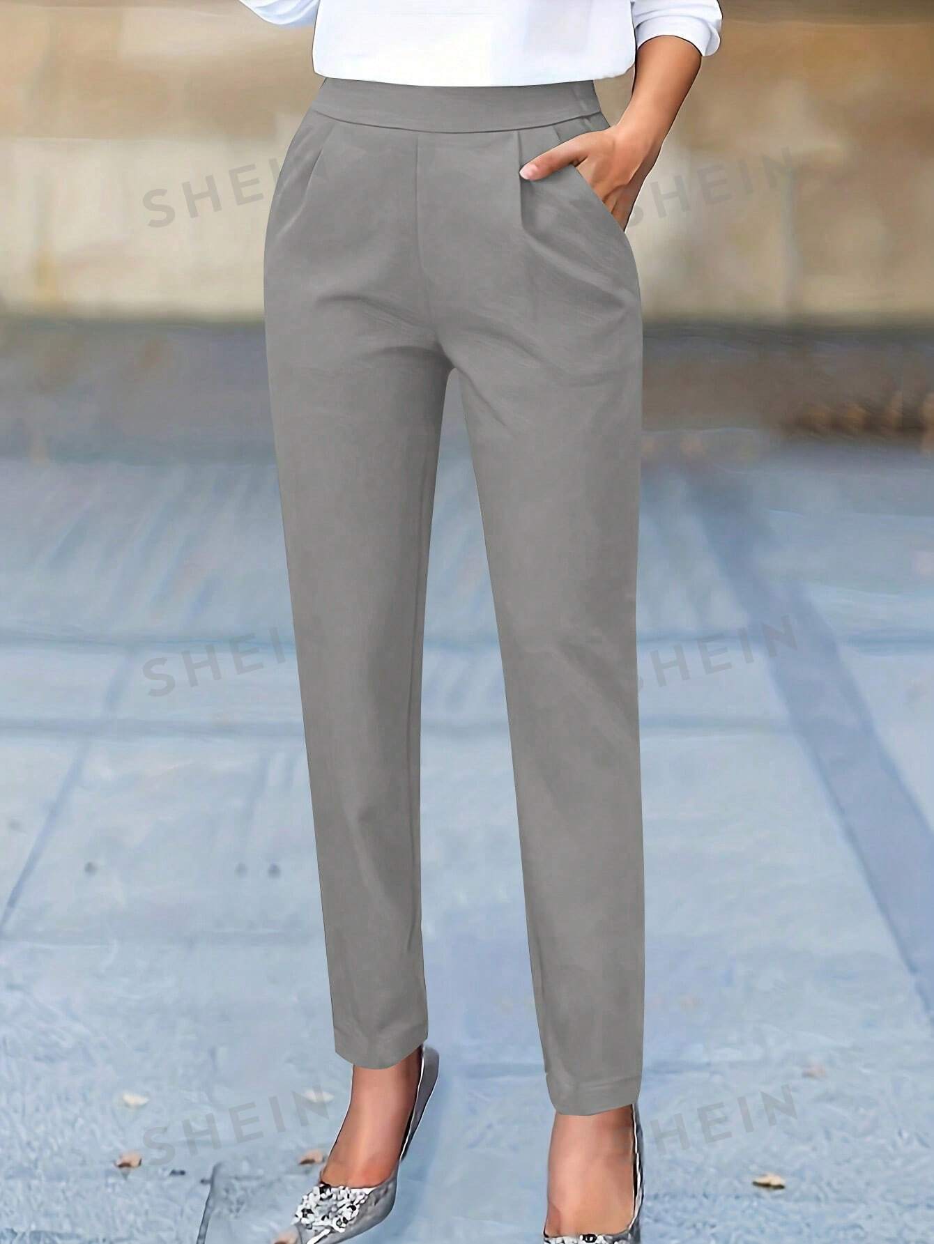 Женские однотонные плиссированные брюки с карманом, темно-серый
