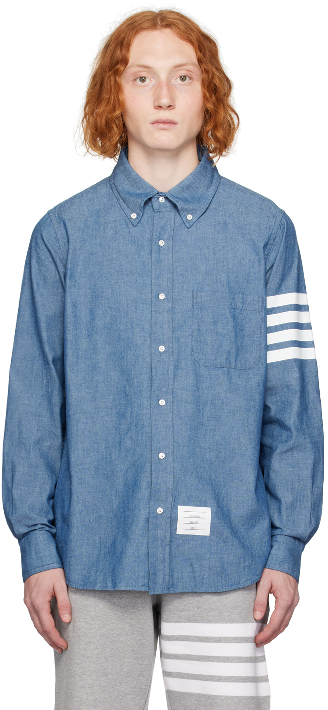 Синяя рубашка с четырьмя полосками Thom Browne белая рубашка поло с четырьмя полосками thom browne