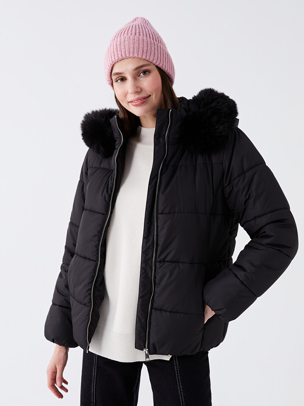 

Женское однотонное пуховик с капюшоном LCW Casual, новый черный