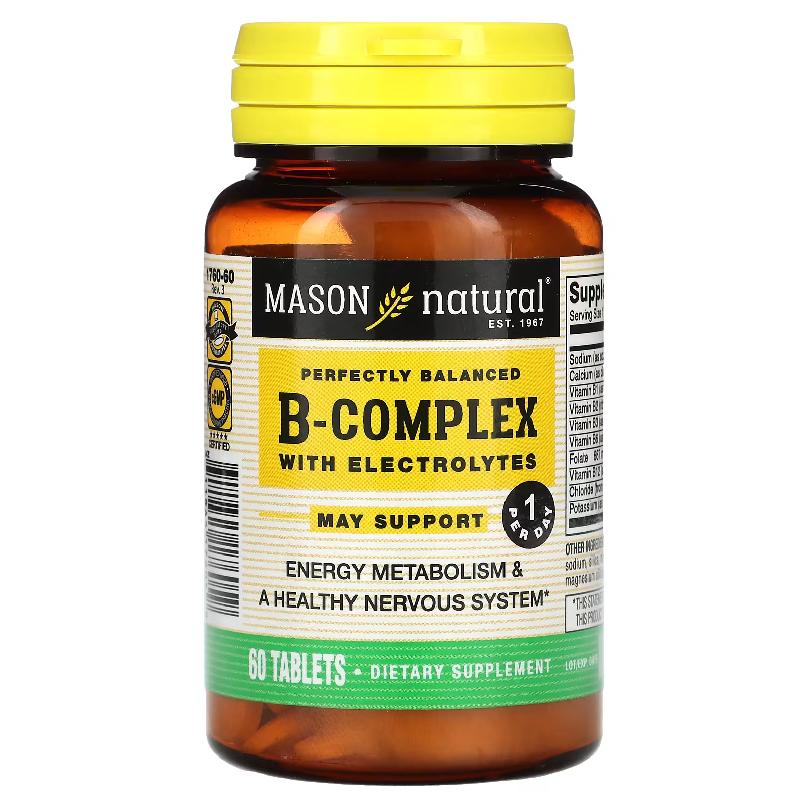 Комплекс витаминов группы B Mason Natural с электролитами, 60 таблеток thompson комплекс витаминов группы b с рисовыми отрубями 60 таблеток