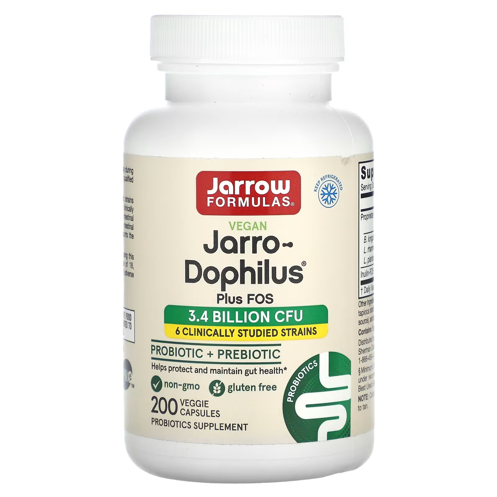 jarrow formulas jarro dophilus fos 100 растительных капсул Пробиотики + пребиотики Jarrow Formulas Jarro-Dophilus Plus FOS, 200 растительных капсул