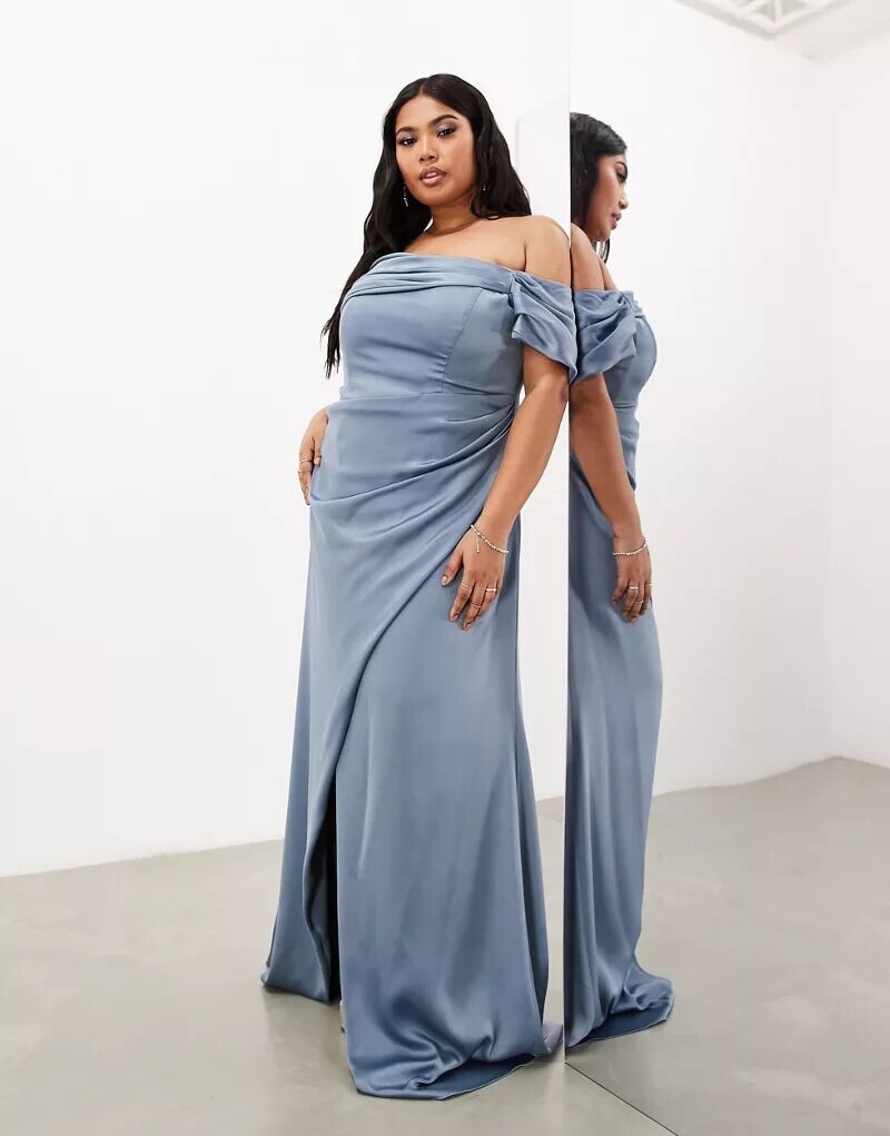 

Темно-синее атласное платье макси с драпировкой и запахом ASOS DESIGN Bridesmaid Curve