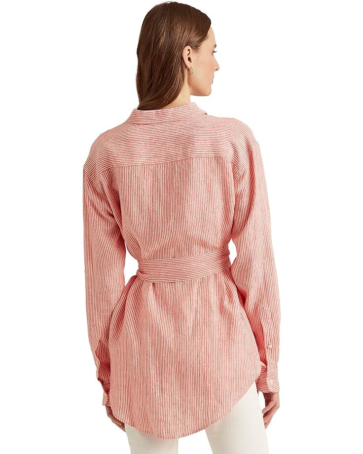 

Рубашка LAUREN Ralph Lauren Petite Striped Logo Linen Shirt, цвет Hyannis Port Orange/White