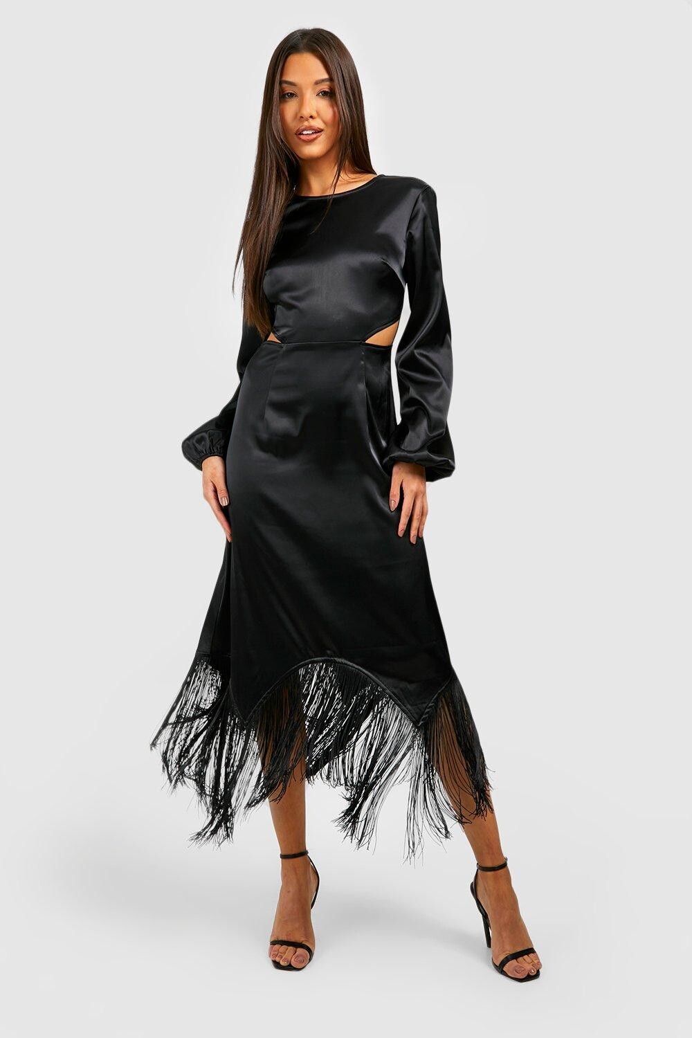 

Атласное платье миди с кисточками Boohoo, черный