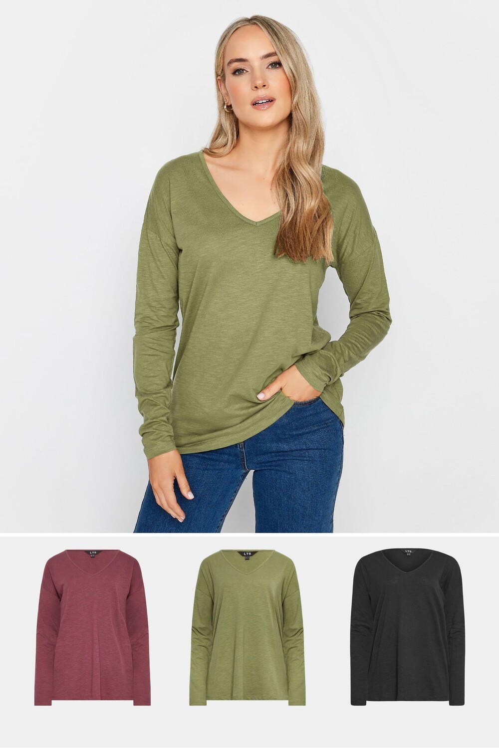 

Комплект из 3 хлопковых топов с длинными рукавами и V-образным вырезом Long Tall Sally, зеленый
