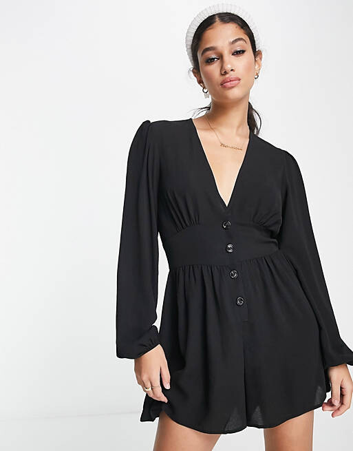 

Черный комбинезон из крепа с глубоким вырезом и объемными рукавами ASOS DESIGN