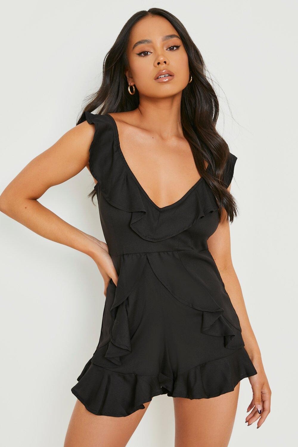 

Тканый комбинезон с оборками Boohoo, черный