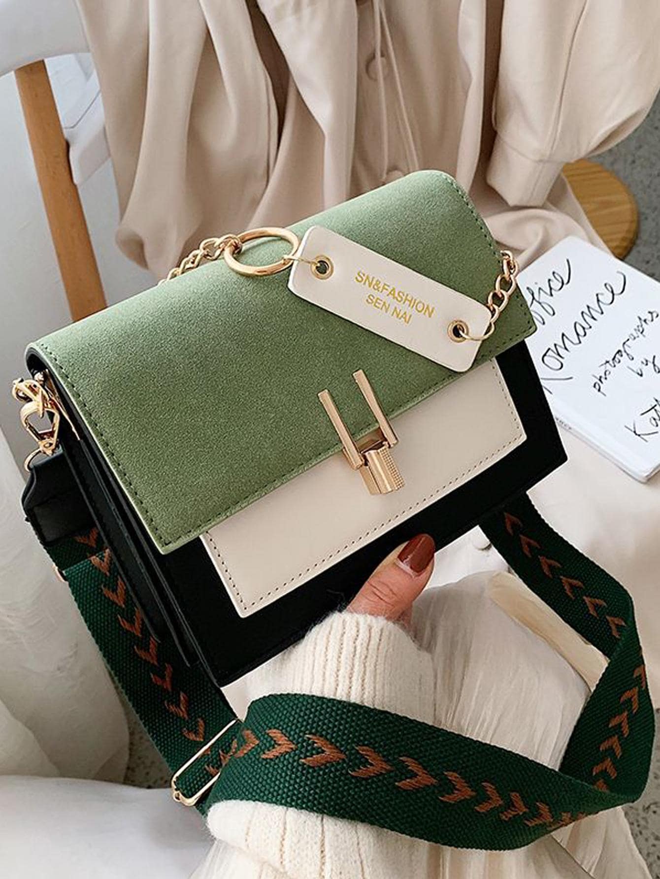 Модная квадратная сумка с клапаном, зеленый