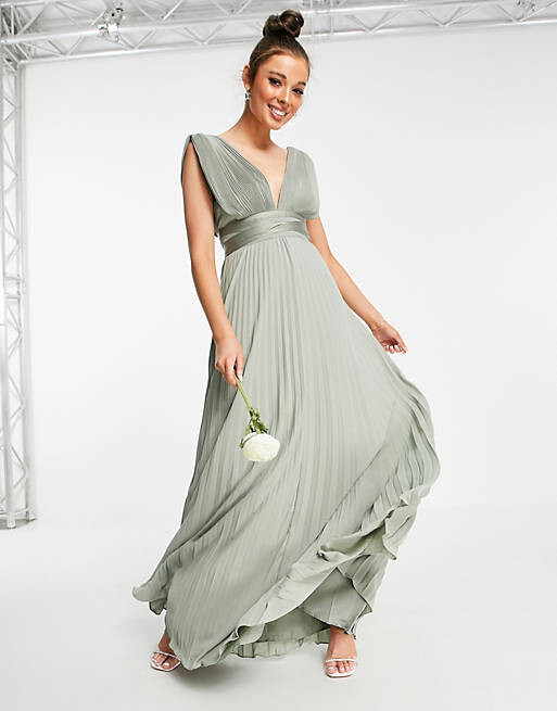 

Плиссированное платье макси на бретельках с атласным запахом на талии ASOS DESIGN Bridesmaid - MGREEN