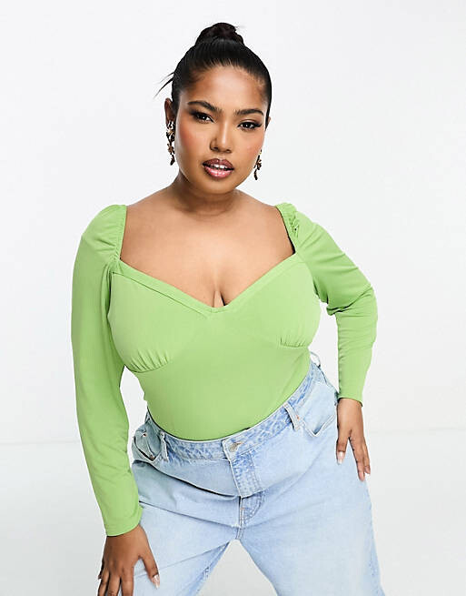 

Зеленое боди с длинными рукавами и вырезом в форме сердца Glamorous Curve