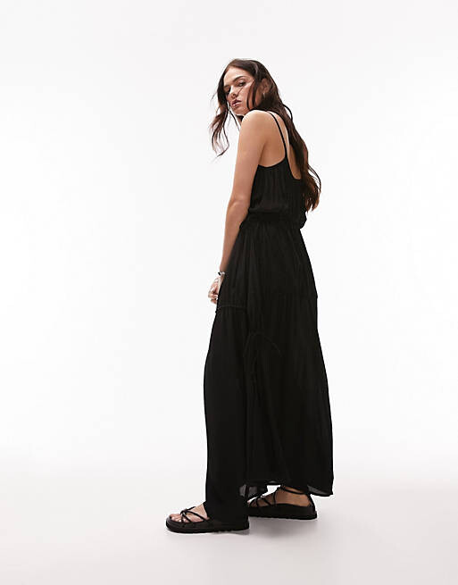 

Черное пляжное платье макси со сборками и завязками по бокам Topshop