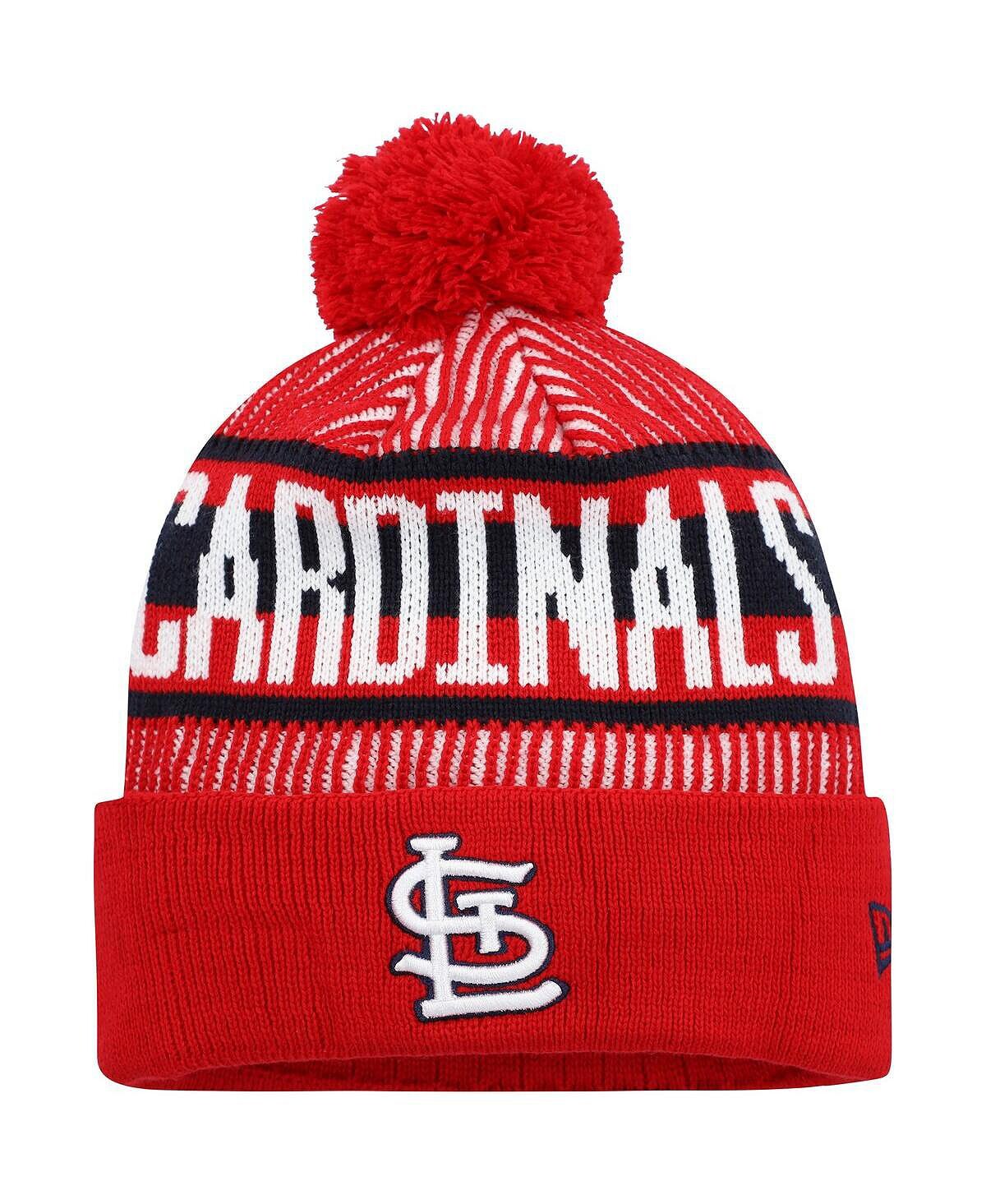 

Мужская фирменная красная вязаная шапка St. Louis Cardinals в полоску с манжетами и помпоном Fanatics