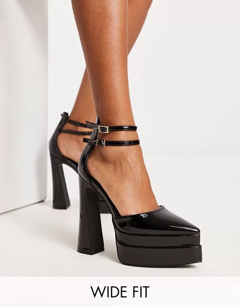 

Simmi London Wide Fit — туфли на шпильке черного лакового цвета, с двойной подошвой на платформе и острым носком, широкая посадка Simmi Wide Fit