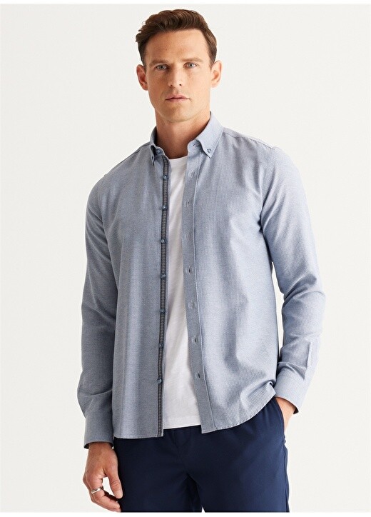 

Мужская рубашка Slim Fit с воротником на пуговицах цвета индиго Altınyıldız Classic