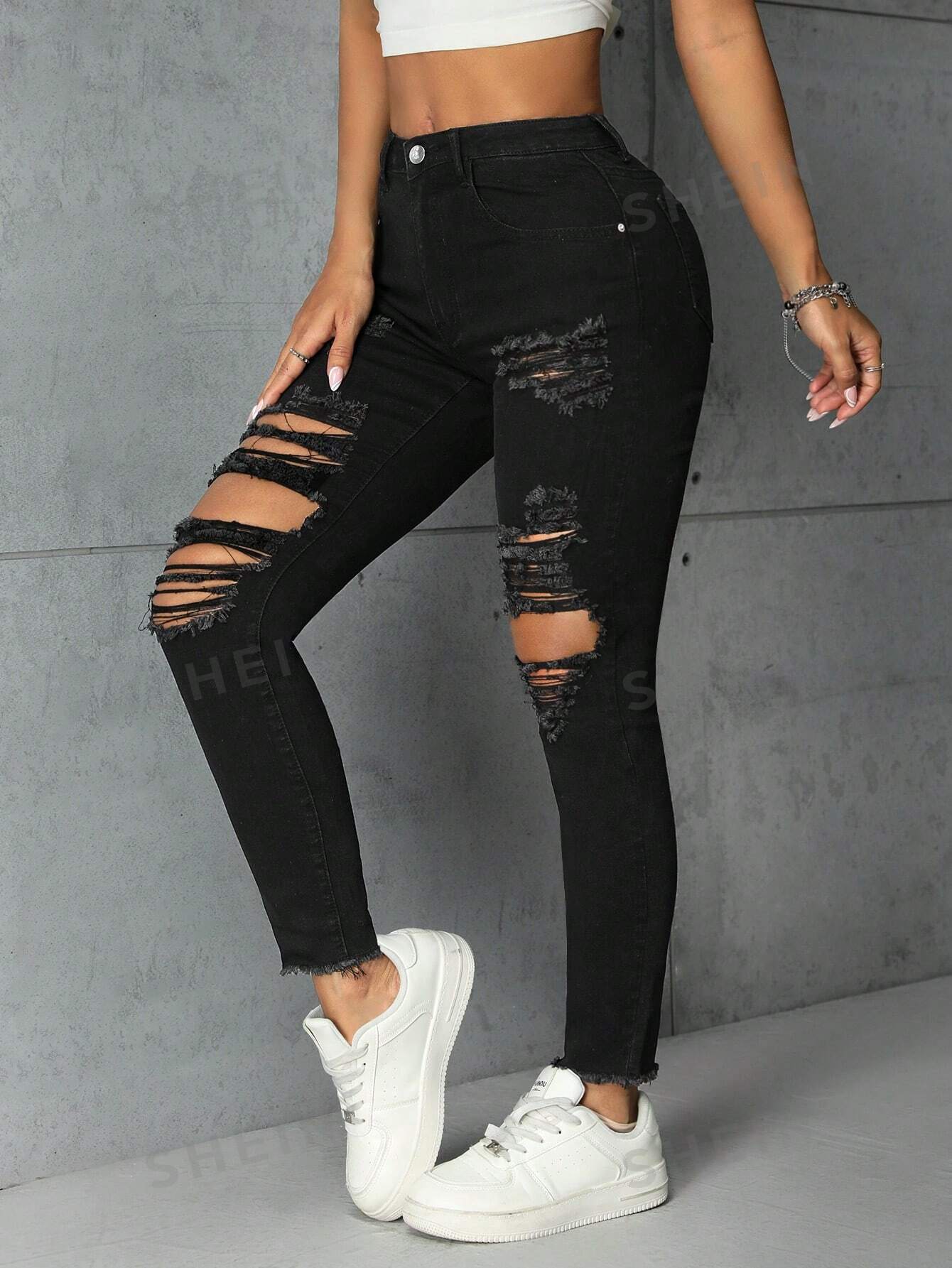 SHEIN PETITE Женские потертые джинсы однотонного цвета Y2k, черный