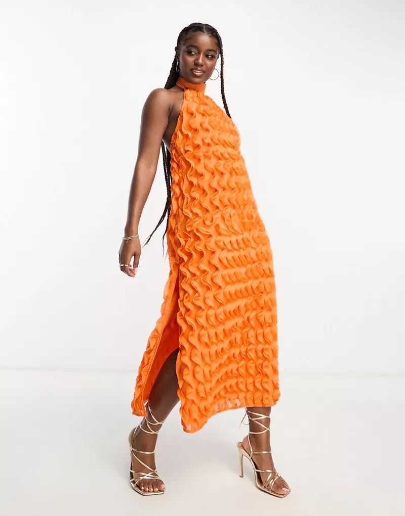 Оранжевое структурированное платье макси с рюшами и бретельками для особых случаев Miss Selfridge