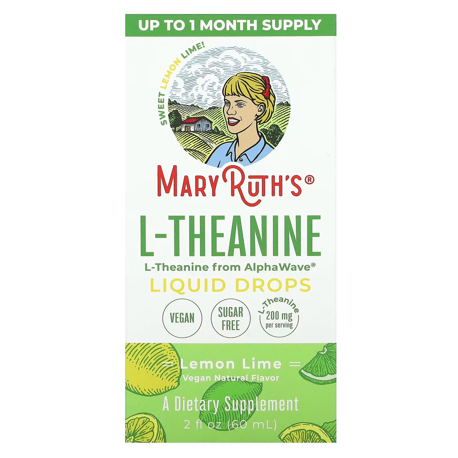 

Жидкие капли L-Theanine от MaryRuth, лимон и лайм, 200 мг, 2 жидкие унции (60 мл) MaryRuth's
