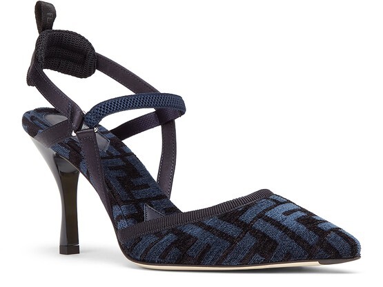 

Розовые босоножки из синели с узором FF на высоком каблуке. Fendi, синий
