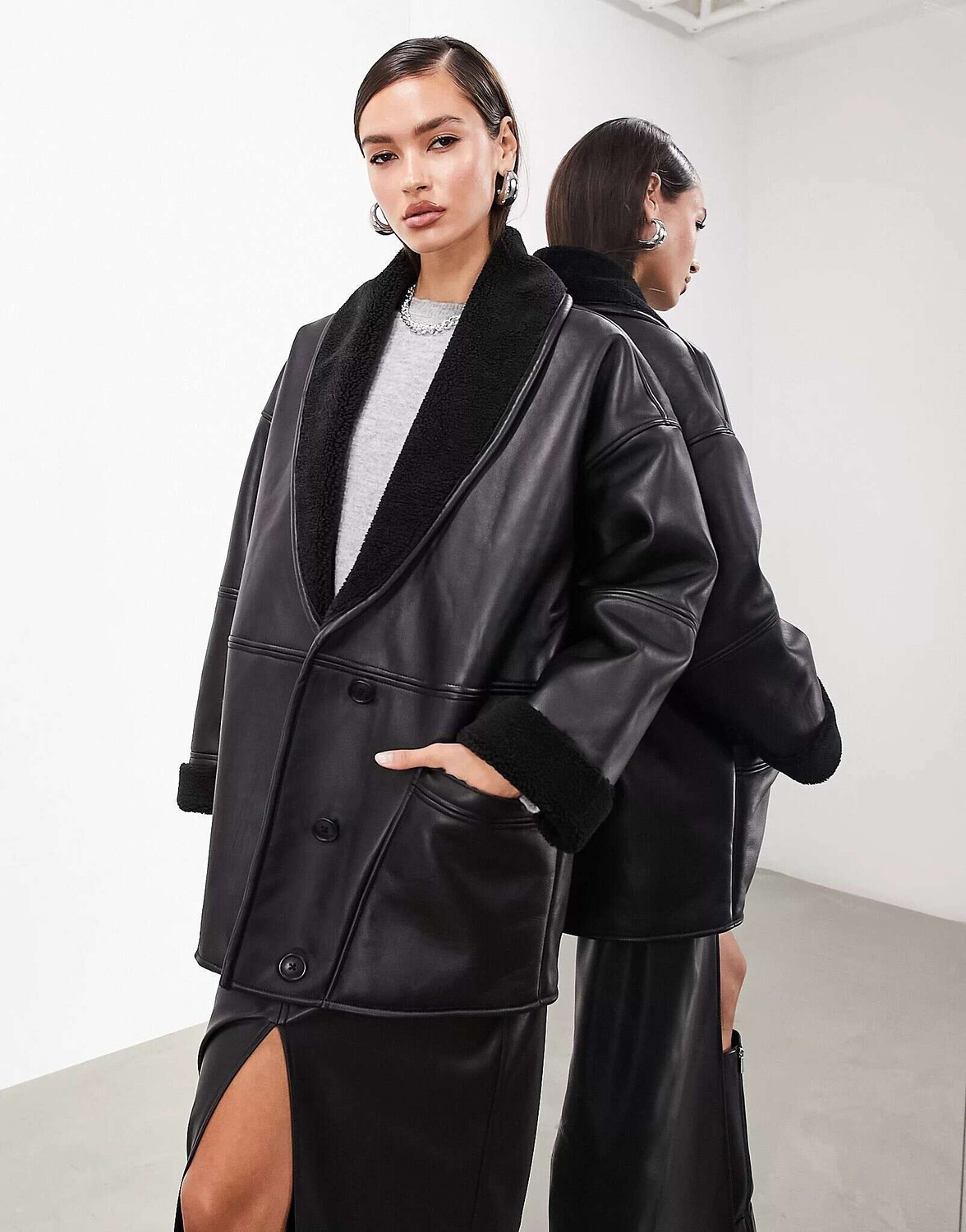 

Черная оверсайз-куртка на подкладке из натуральной кожи ASOS, Черный