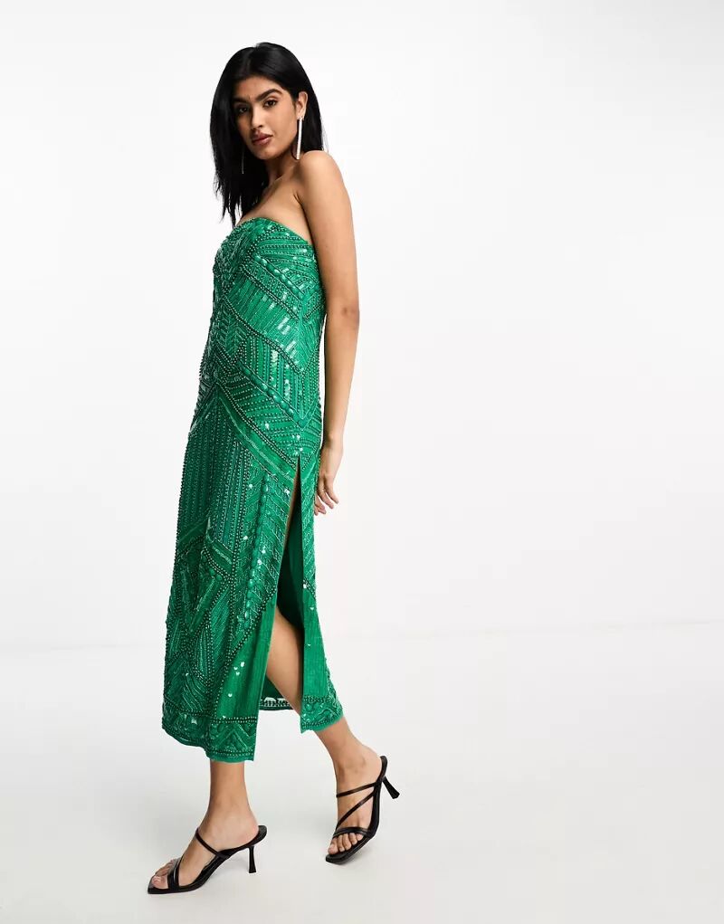 Зеленое эргономичное платье миди без бретелек с украшением ASOS