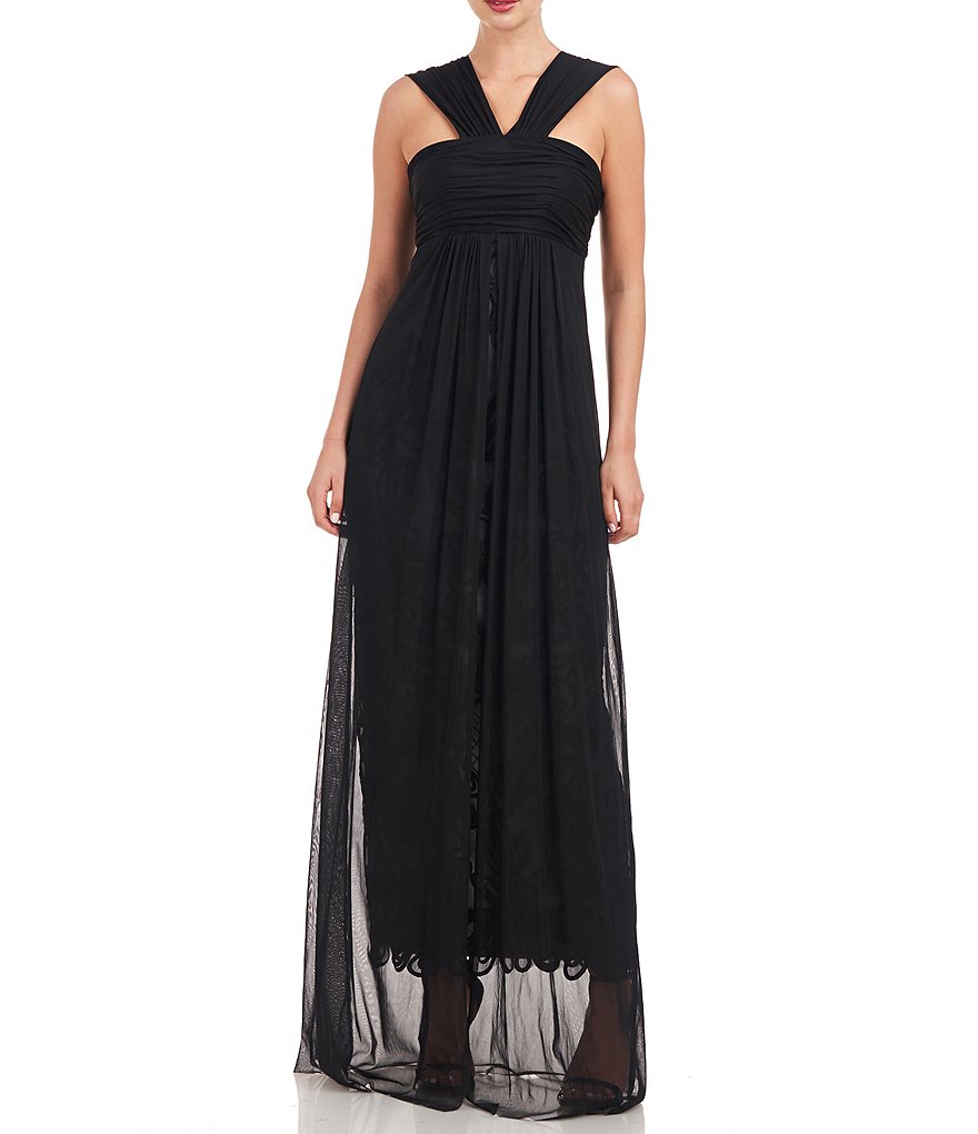 JS Collections Платье А-силуэта без рукавов с вышивкой бисером и V-образным вырезом из сетки и драпировкой, черный