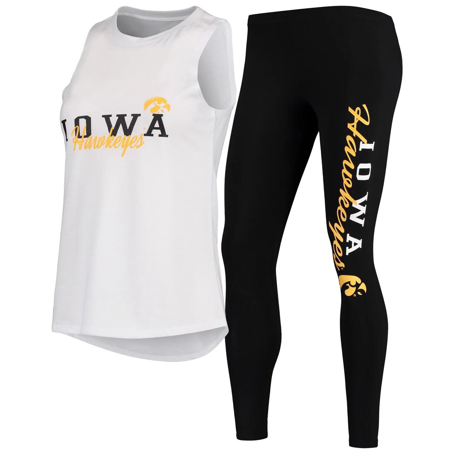 

Женский спортивный комплект Iowa Hawkeyes белого/черного цвета с майкой и леггинсами для сна
