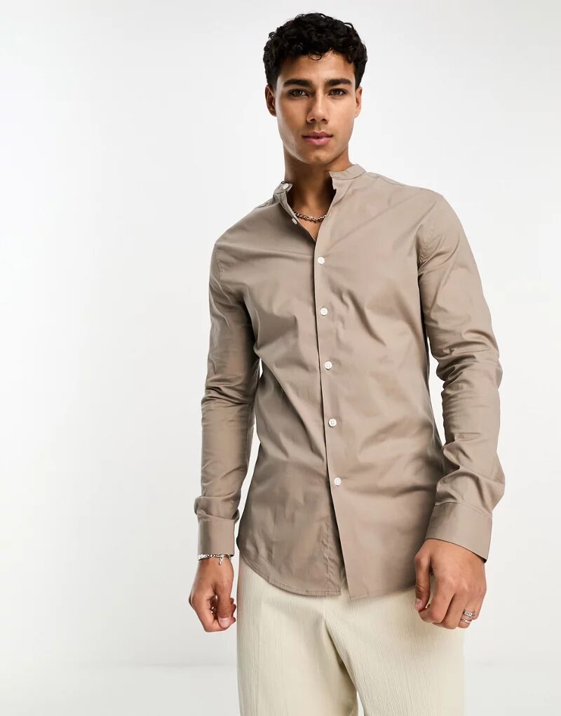 Серо-коричневая узкая рубашка с воротником-стойкой ASOS