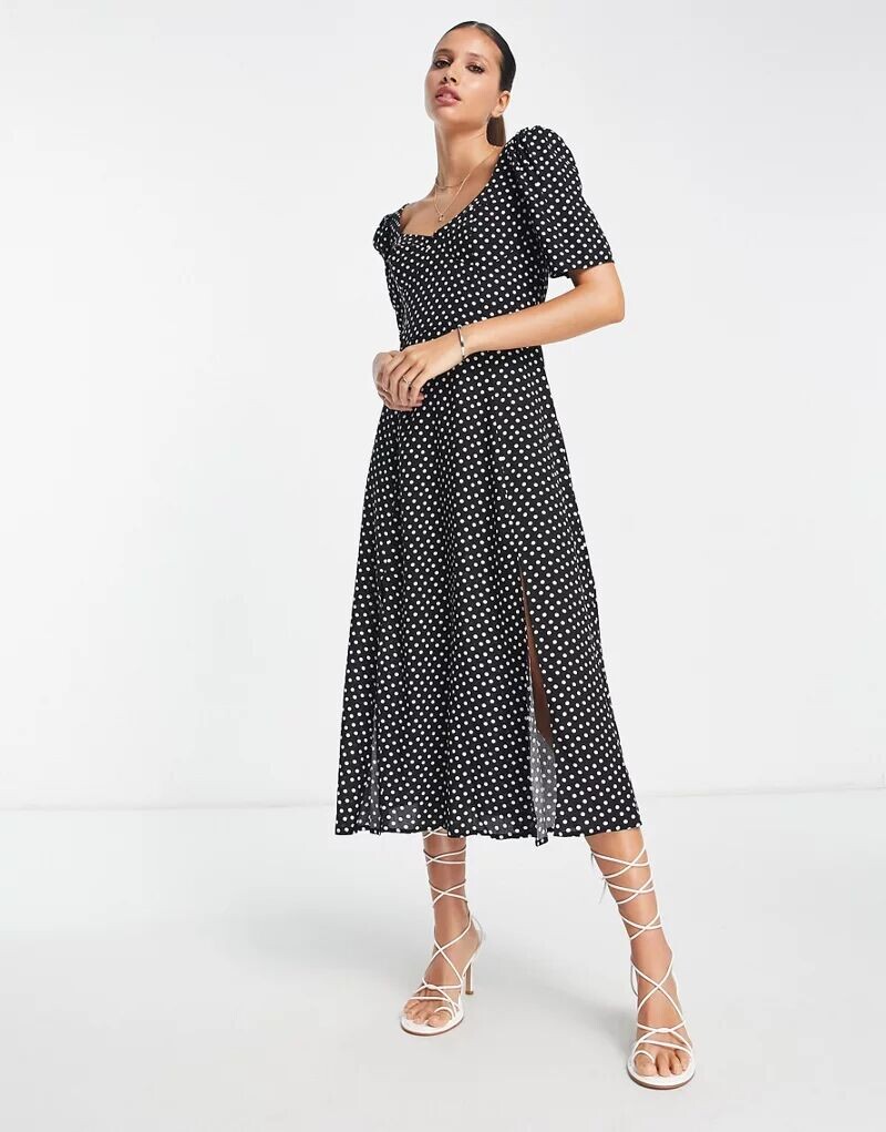 

Платье миди в горошек с чашками и разрезами ASOS