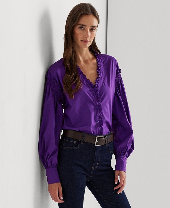 

Женская блузка из смесового хлопка стрейч с оборками Lauren Ralph Lauren, фиолетовый