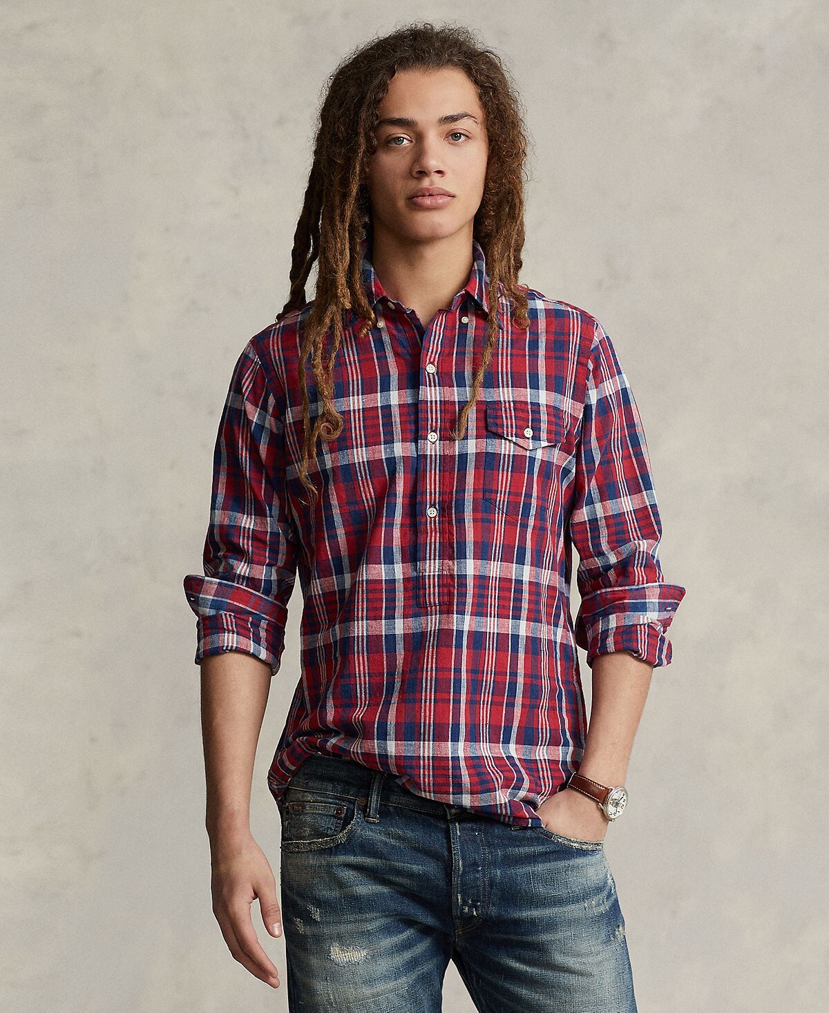 

Мужская хлопковая рубашка классического кроя Madras Popover Polo Ralph Lauren