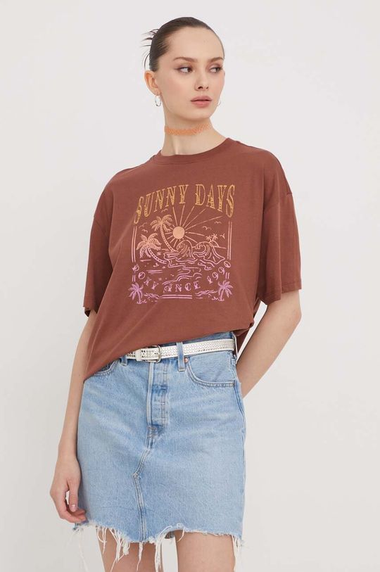 Хлопковая футболка Roxy, коричневый цена и фото