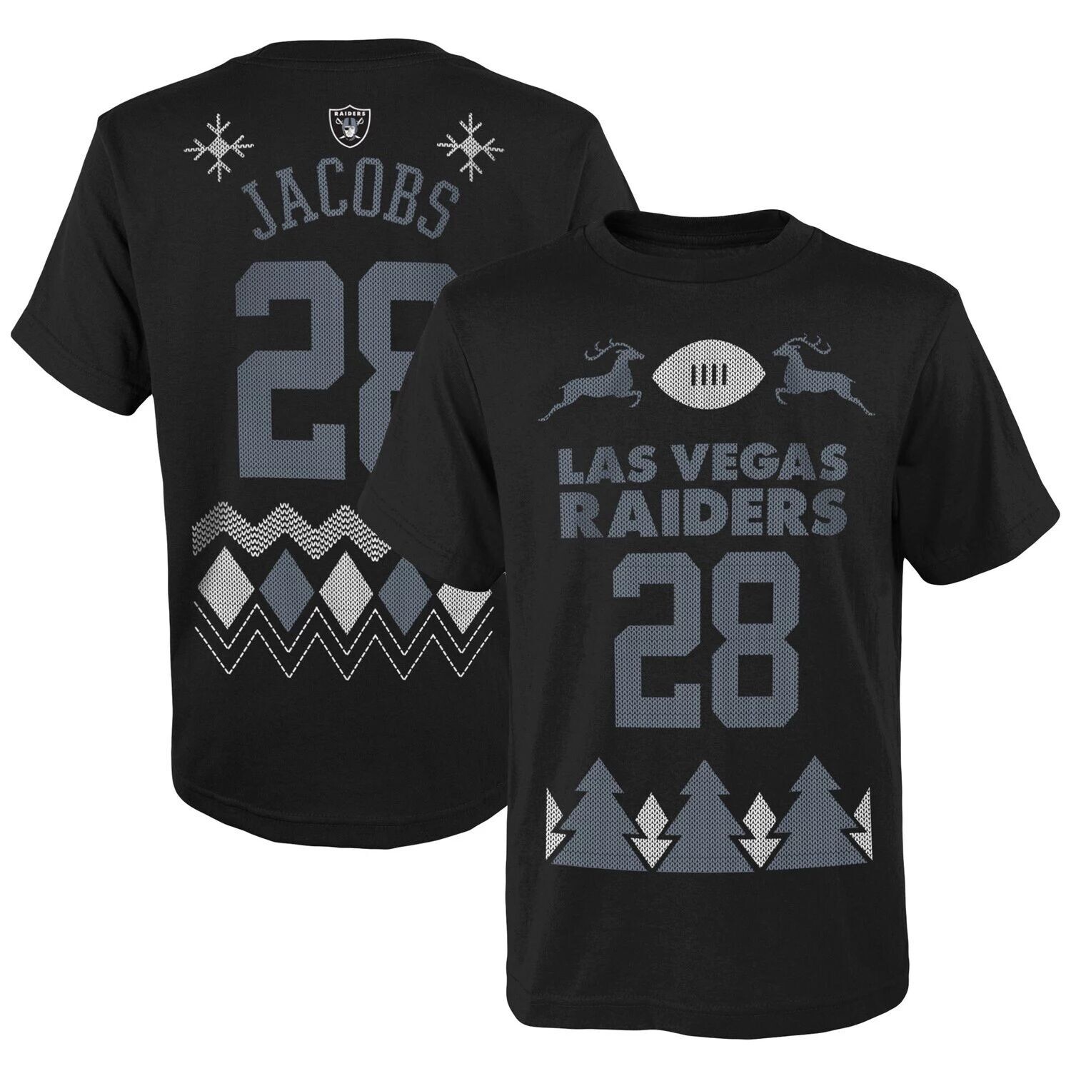 

Молодежная черная футболка с именем и номером Josh Jacobs Las Vegas Raiders Holiday Outerstuff