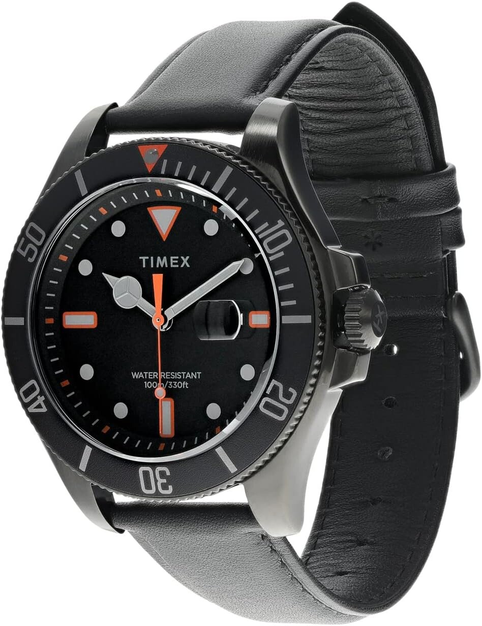 

Часы 43 mm Harborside Coast 3-Hand Leather Strap Watch Timex, черный