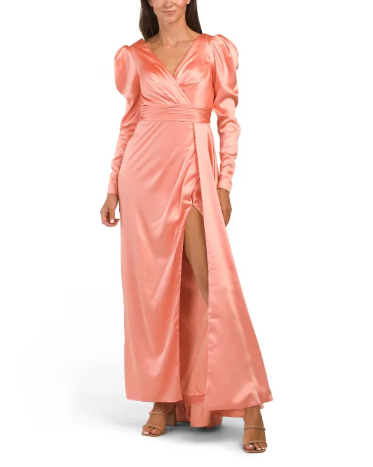 

Атласное платье с длинными рукавами и разрезом спереди Mac Duggal, цвет Peach
