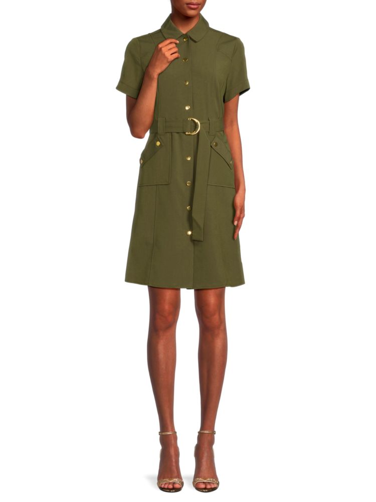 Платье-рубашка с заостренным воротником и поясом Sharagano, цвет Olive Drab