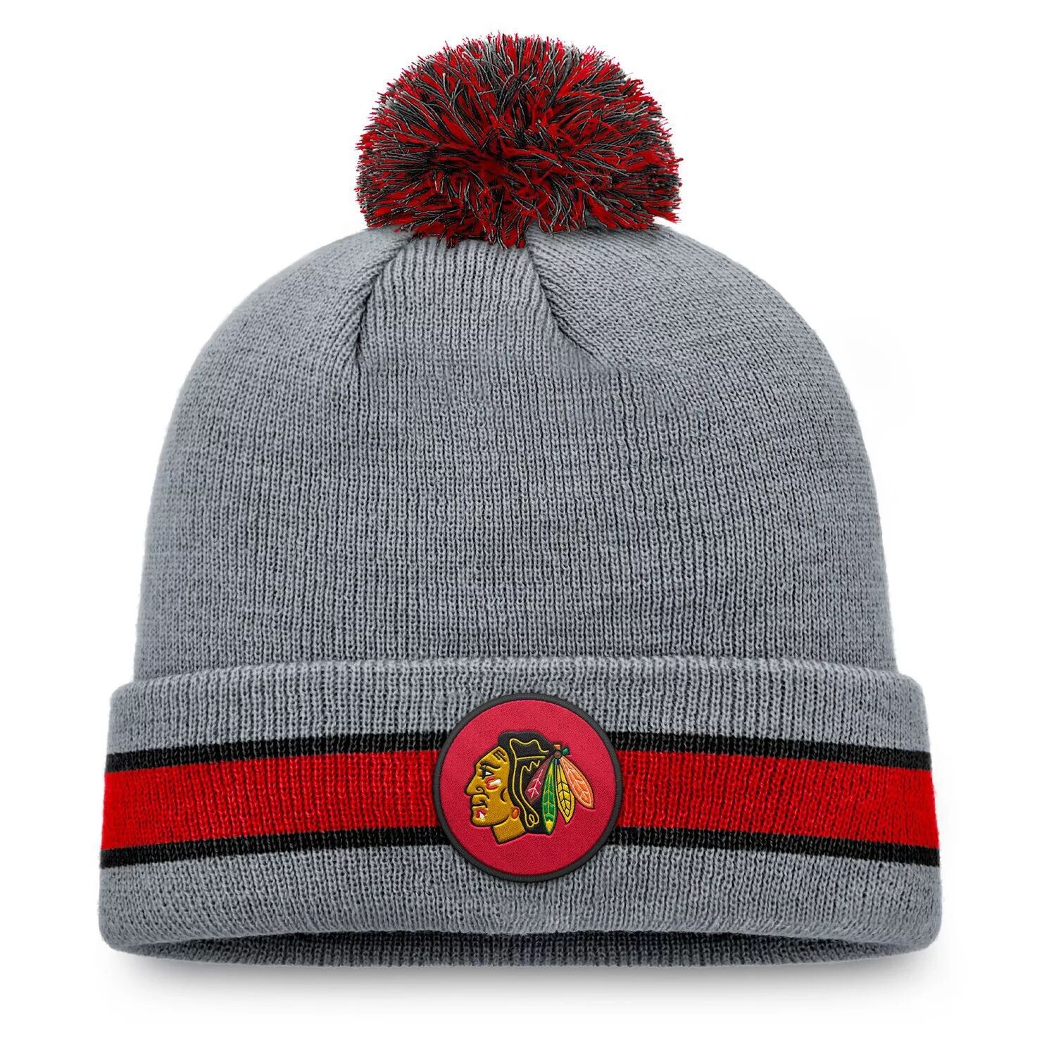 

Мужская серая вязаная шапка Fanatics с манжетами и помпоном Chicago Blackhawks
