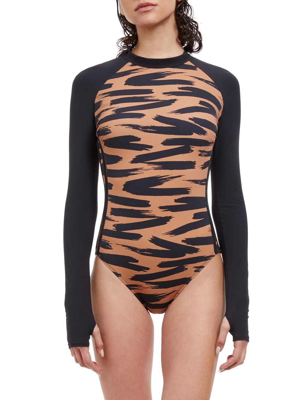 

Цельный купальник с длинными рукавами Gottex Swimwear, карамельный, Черный