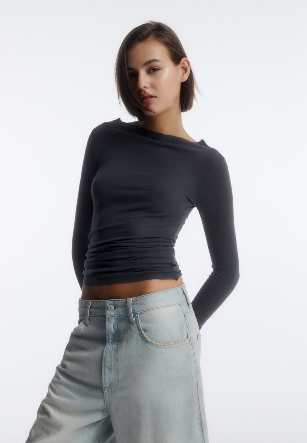 

Футболка с длинным рукавом Semi-Sheer PULL&BEAR, цвет blue-grey