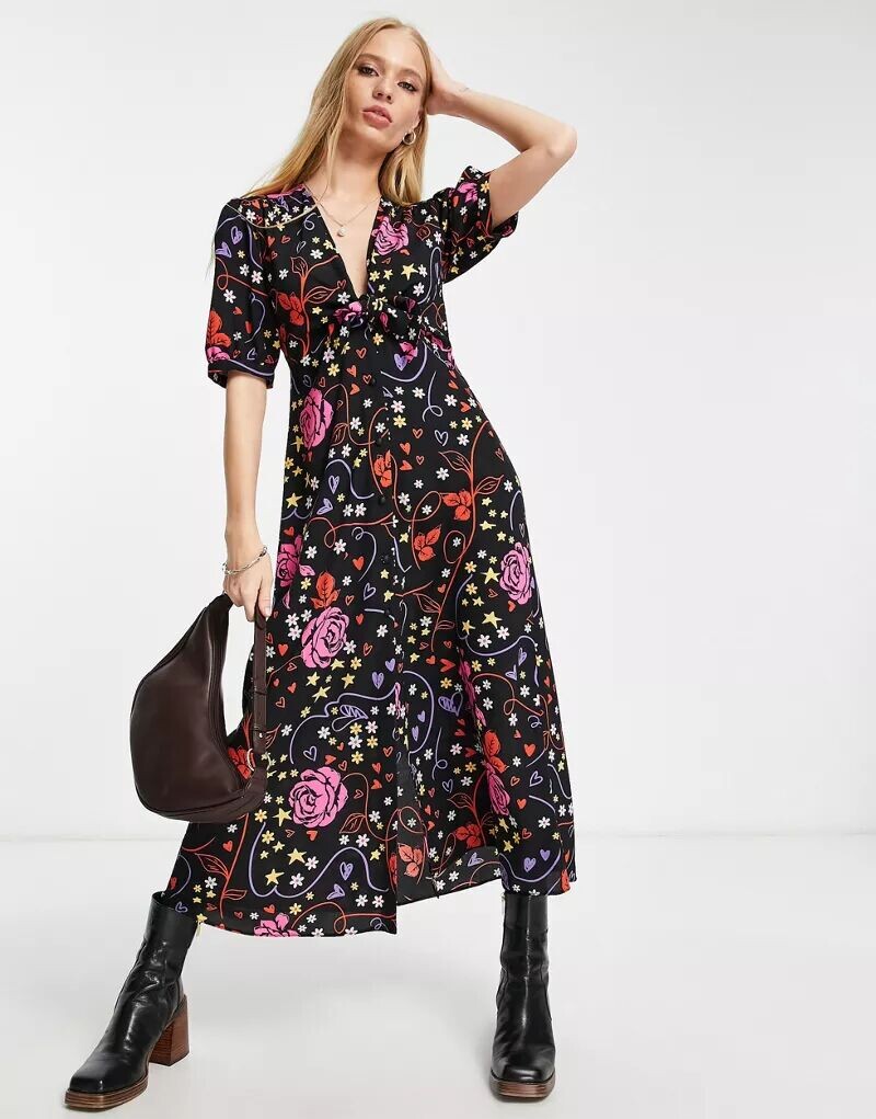 

Платье миди с пуговицами и завязкой спереди ASOS с ярким абстрактным принтом