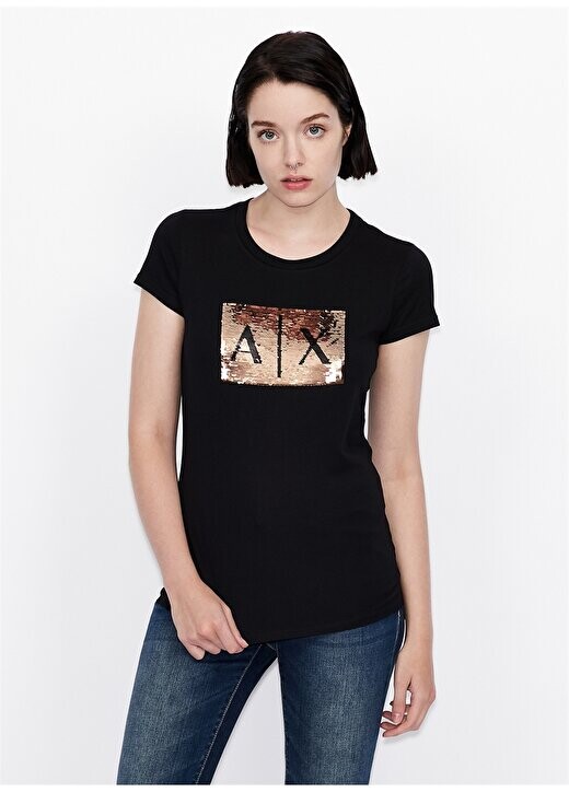 

Черно-золотая женская футболка 8NYTDL Armani Exchange, черный
