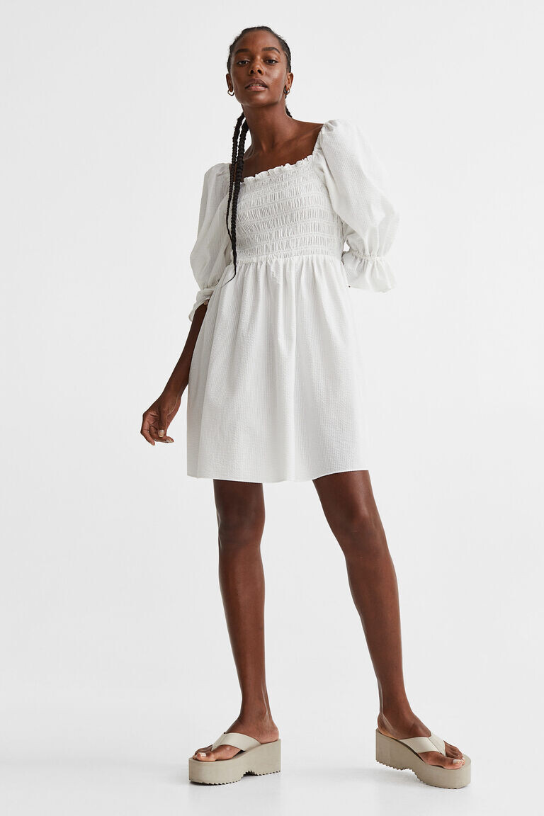 

Платье из жатого хлопка с объемными рукавами H&M, белый